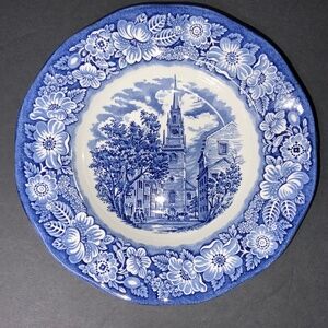 Set of 4 Soup Rimmed Bowls Liberty Blue Staffordshire Old North Church EXC